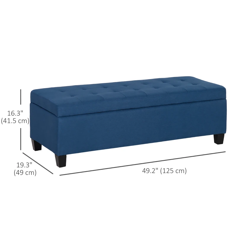 HOMCOM Rectangular Entry Bench, Tufted Upholstered Linen Fabric Wood Feet Storage Ottoman Bench, Blue