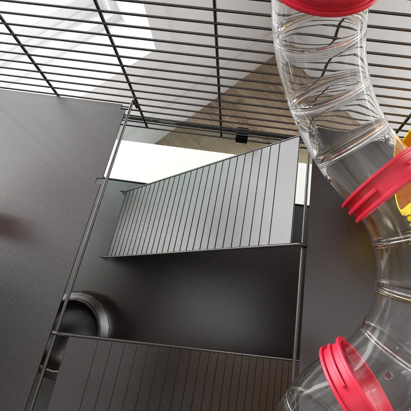 PawHut Hamster Cage with Deep Glass Bottom, Tunnel Tube System, Platforms, Hut, Exercise Wheel, Water Bottle, 24" x 16" x 22"