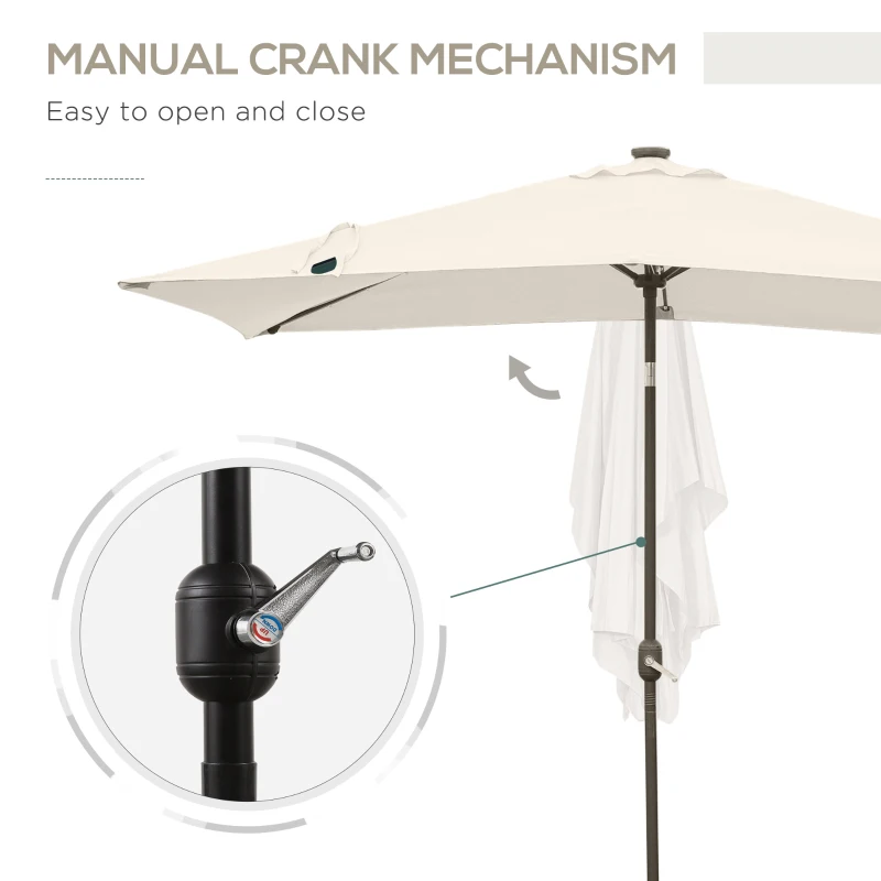 Outsunny 6' x 10' Patio Umbrella with 22 LED Solar Lights and Tilt, Rectangular Outdoor Table Umbrella with Crank, Beige