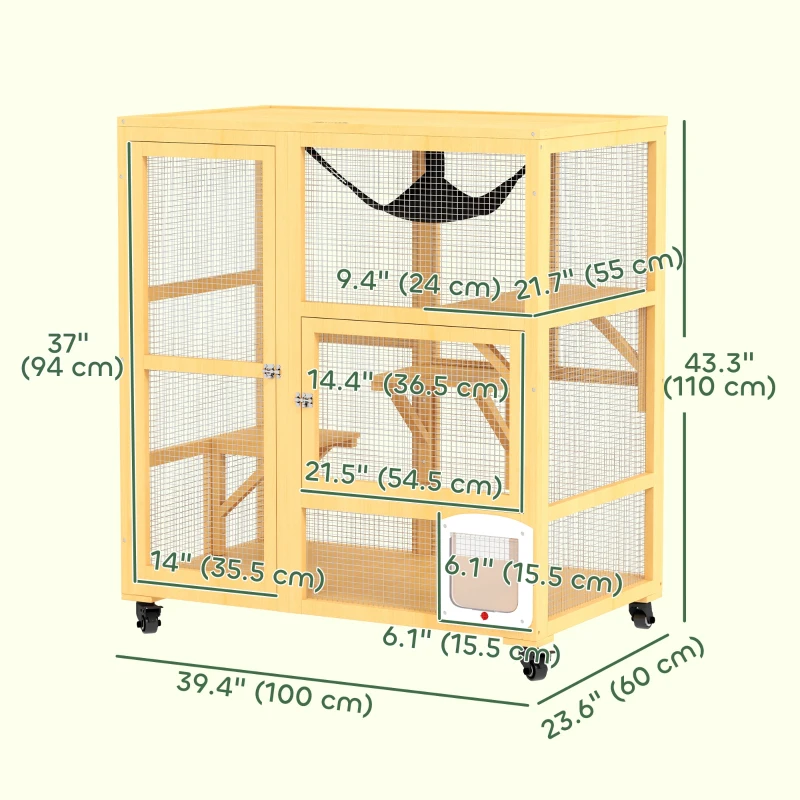 PawHut Cat Condo Wooden Indoor Cat House on Wheels with Cat Flap Door Platforms Hammock Openable Top for 2 Cats, Yellow