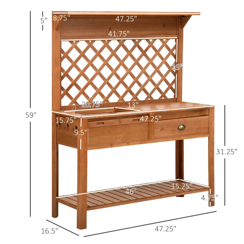 Outsunny Garden Potting Bench, Outdoor Wooden Workstation Table w/ Metal Screen, Drawer, Hooks, Storage Shelf, and Lattice Back for Patio, Backyard and Porch