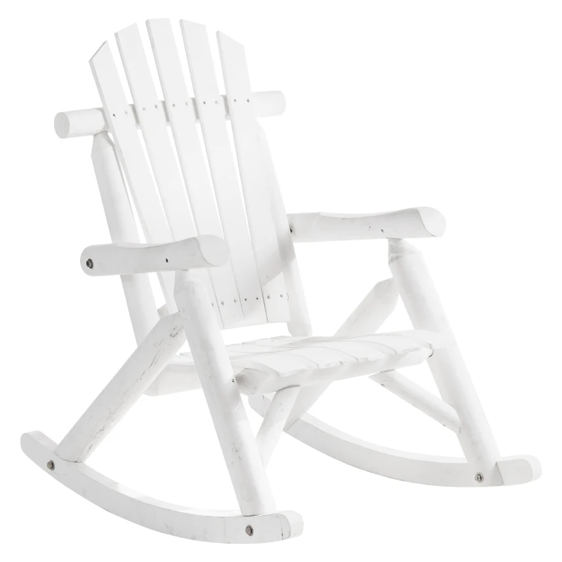 Outsunny Outdoor Wooden Rocking Chair, Single-Person Adirondack Rocking Patio Chair with Rustic High Back, Slatted Seat and Backrest for Indoor, Backyard, Garden, White