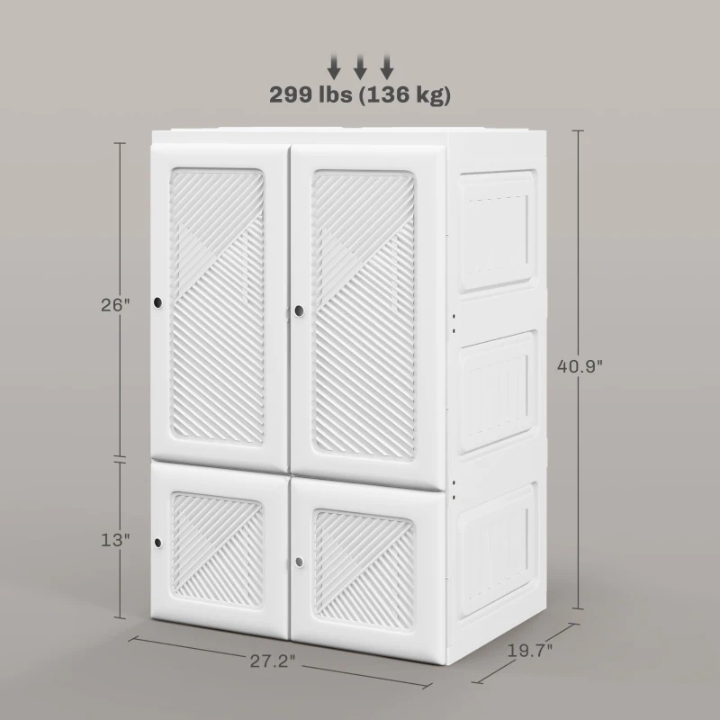 HOMCOM Portable Wardrobe, Foldable Clothes Storage Organizer with 3 Compartments, Hanging Rod, Magnet Doors, White