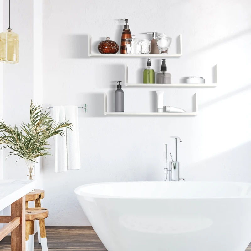 HOMCOM Set of 3 31.5" Wooden U-Shaped Floating Shelves Set Wall Mounted Hanging Bookshelf CD DVD Storage Display for Bedroom Living Room Kitchen, White