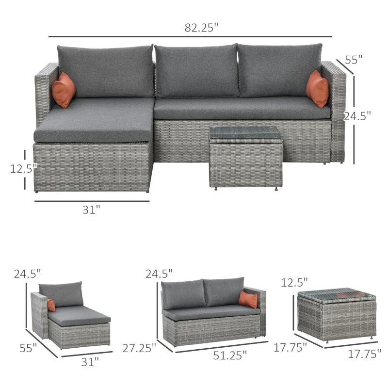 Outsunny 3-Piece Patio Furniture Set Modern Sectional Sofa Rattan Chair Wicker Conversation Set Outdoor Hand Woven Rattan Wicker Furniture Patio Coffee Table Sofa Set, Grey