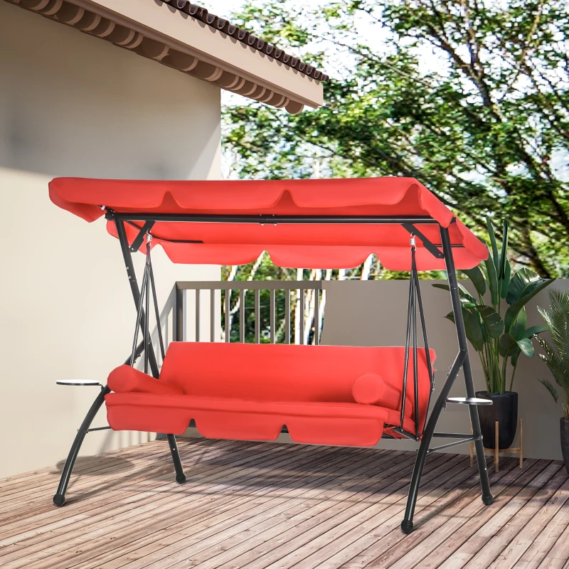 Outsunny 3-Seat Outdoor Patio Swing Chair, Converting Flat Bed, Canopy Swing Glider w/ Adjustable Shade, Removable Cushion and Pillows for Porch, Garden, Poolside, Backyard