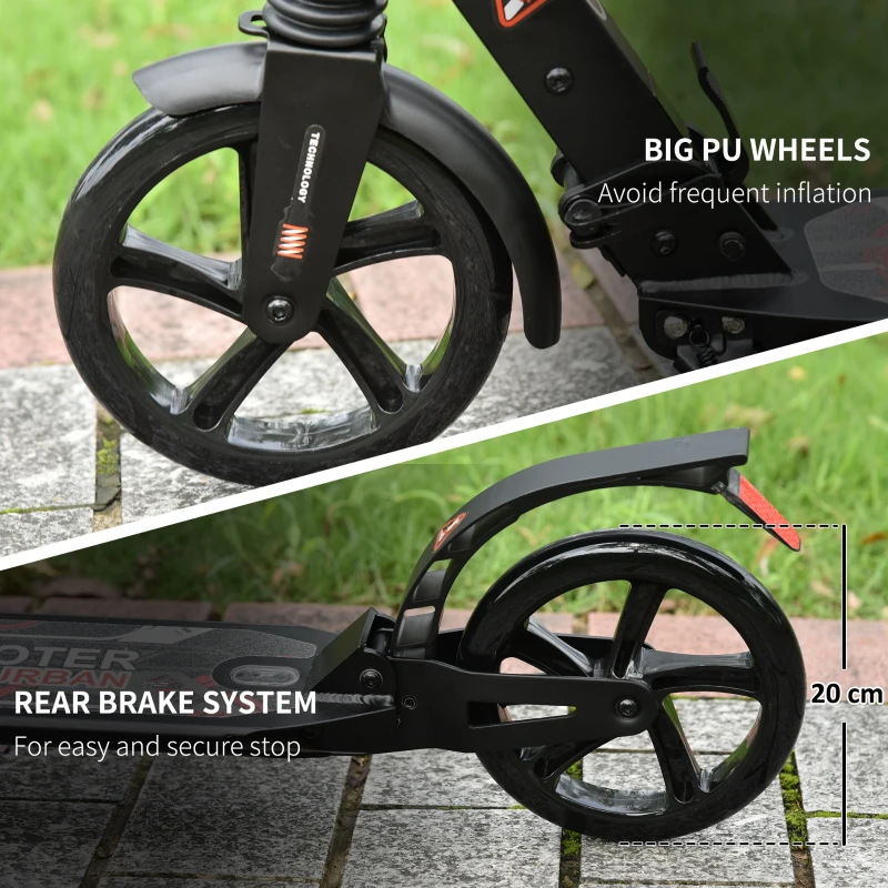 Soozier Foldable Kick Scooter Height Adjustable Ride On Bike with Real Wheel Brake, Dual Shock-Absorbing, Kickstand, and 7.75'' Big Wheels For 14+ Teens Adult, Black