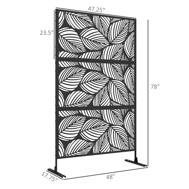 Outsunny 6.5' Decorative Outdoor Divider, Metal Privacy Screen with Stand, Leaf Motif, Black