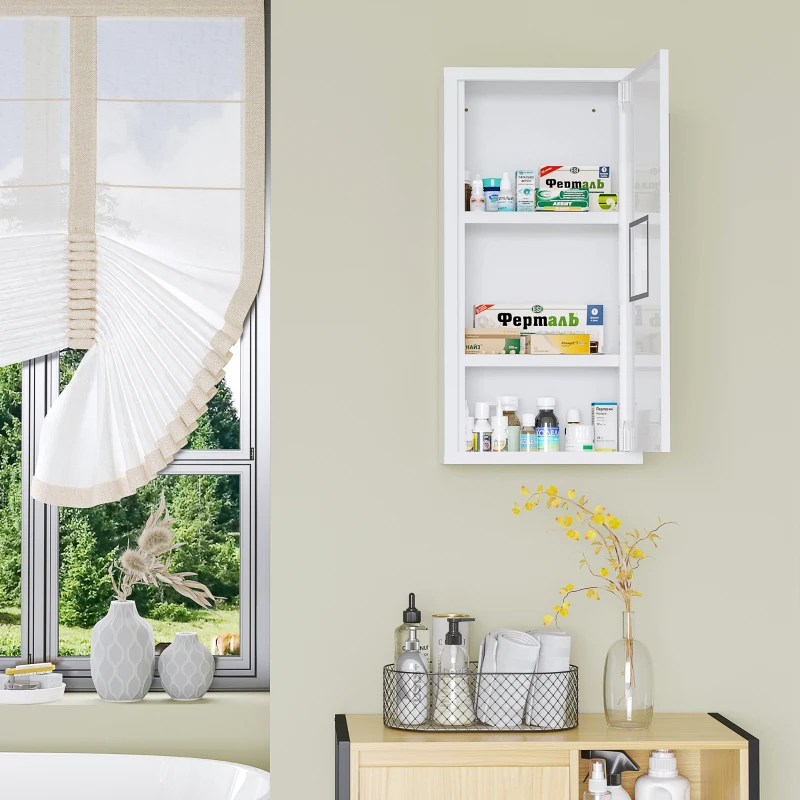 kleankin Wall Mount Medicine Cabinet Bathroom Cabinet with 2 Shelves, Steel Frame and Magnetic Door, White