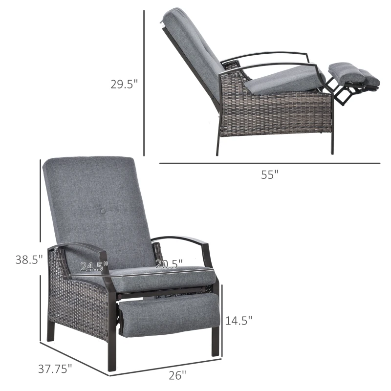 Outsunny Outdoor Recliner Chair, Reclining Patio Lounge Chair with Comfy Cushions, Footrest, Armrests, PE Wicker for Balcony, Porch, Grey