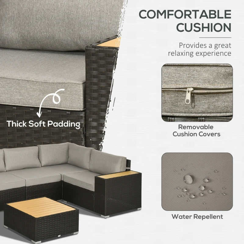 Outsunny 6 Pieces Outdoor Rattan Patio Furniture Set with Corner Sofa, Wood-Plastic Coffee Table, Light Grey