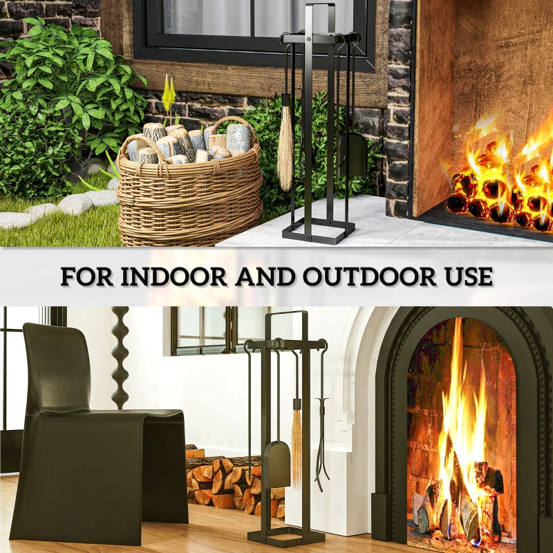 Outsunny 5 Piece Metal Fireplace Tools Set with Brush Broom, Poker, Shovel, Tongs, and Stand for Indoor or Outdoor, Black