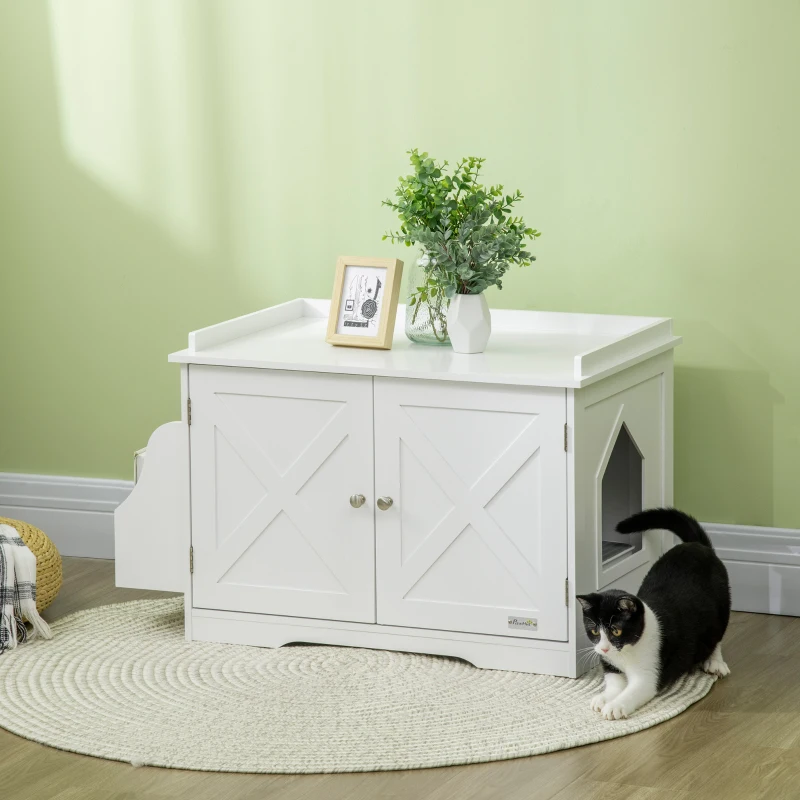 PawHut Wide & Large Cat Litter Box Furniture Hidden Farmhouse Table with Magnetic Doors, Big Covered Kitty Litter Box Enclosure Cabinet with Shelves, Pet Furniture Cat Gift Side Table, White