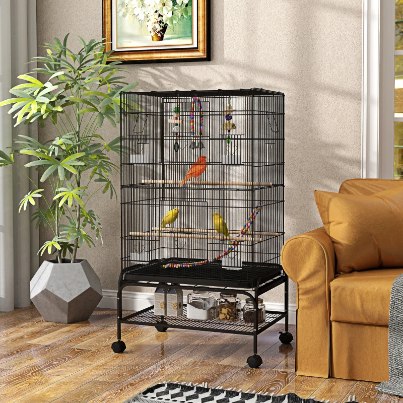 PawHut 43" Bird Cage with Rolling Stand, Toys, for Budgies Canaries Black