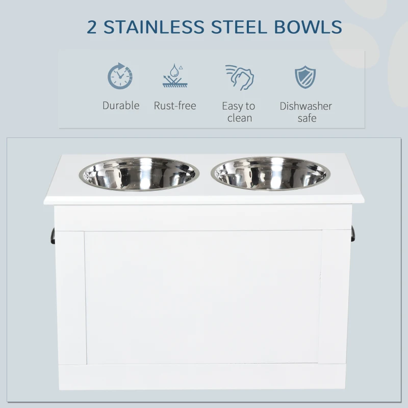 PawHut Raised Pet Feeding Storage Station with 2 Stainless Steel Bowls Base for Large Dogs and Other Large Pets, White