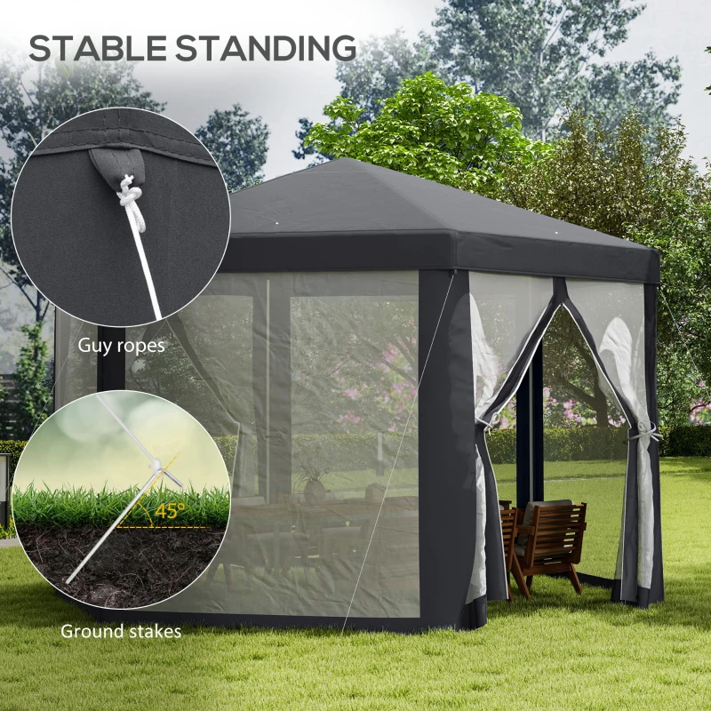 Outsunny Φ13' Hexagon Party Tent Patio Gazebo Outdoor Activity Event Canopy Quick Sun Shelter Pavilion with Netting Mesh Sidewall Dark Grey
