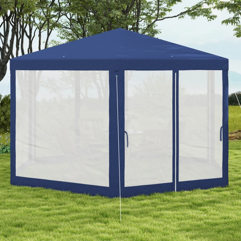 Outsunny 13' x 11' Outdoor Party Tent, Hexagon Sun Shade Shelter Canopy w/ Protective Mesh Screen Sidewalls, Ropes & Stakes, Blue