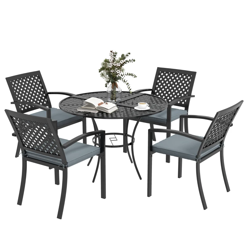 Outsunny 5-Piece Outdoor Dining Set with 4 Stackable Cushioned Armchairs, Patio Furniture Sets with Umbrella Hole Metal Plate Table, for Garden Deck Poolside Lawn Yard, Grey