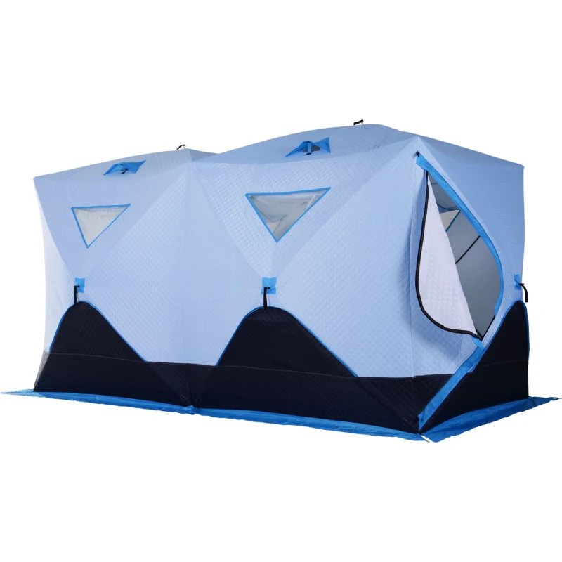 Outsunny 8 Person Ice Fishing Shelter, Pop-up Ice Fishing Tent, Ice Shanty, Portable and Insulated, with 2 Doors and Carrying Bag, Light Blue