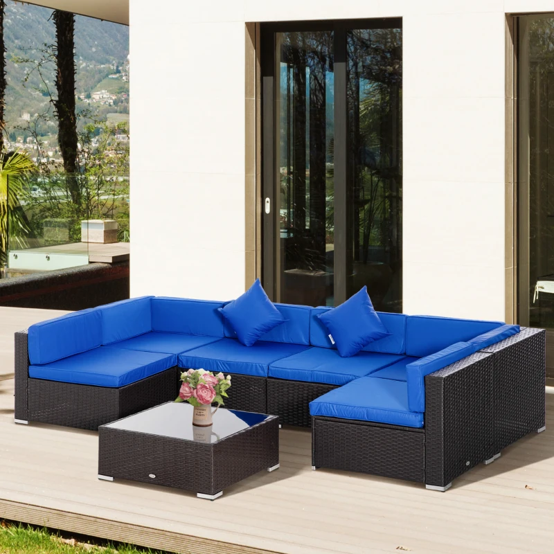 Outsunny 7 Piece Outdoor Patio Furniture Set, PE Rattan Wicker Sectional Sofa Set with Couch Cushions, Throw Pillows and Slat Coffee Table, Dark Brown, Deep Blue