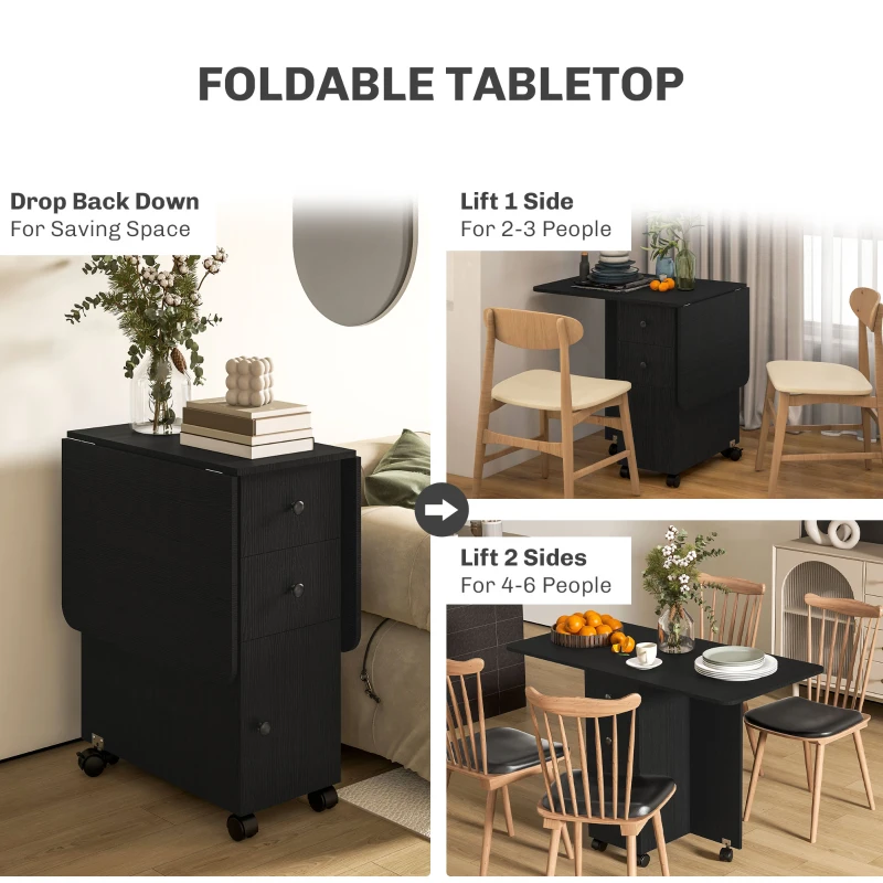 HOMCOM Drop Leaf Dining Table, Mobile Folding Table on Wheels with Drawers and Cabinet for Dining Room, Kitchen, Black