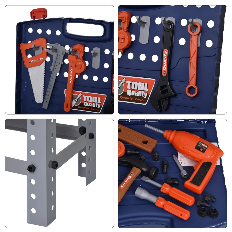 Qaba 68 Pcs Kids Tool Bench, Foldable Pretend Workbench Toy Tool Set, Power Tools Workshop with Electric Drill for Toddler 3 to 6 Years Old