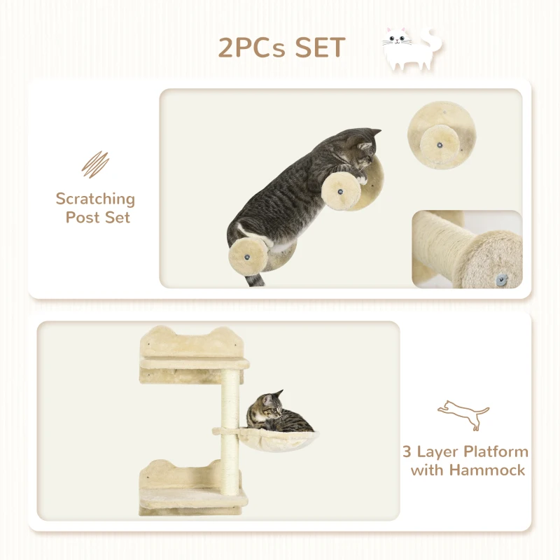 PawHut 4Pcs Cat Wall Shelf with Scratching Posts, Hammock, Steps, Platforms, Cat Shelves for Relaxing, Sleeping, Jumping, Cat Wall Climber for Indoor Cats, Beige