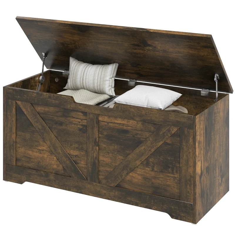 HOMCOM 39.4 Inches Storage Chest, Storage Trunk with 2 Safety Hinges, Wooden Box for Living Room, Brown Wood Grain