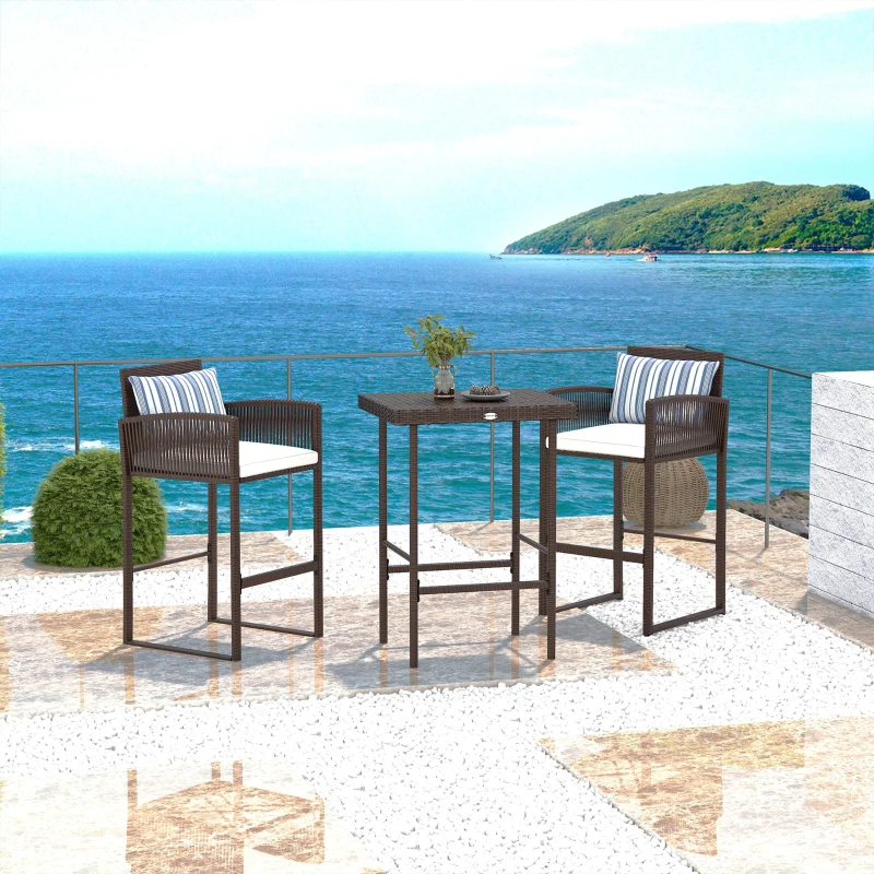 Outsunny 3-Piece Wicker Bar Set, Patio Bar Table Chair with Cushions, for Poolside, 25.2" x 19.3" x 37", White