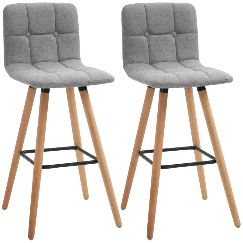 HOMCOM Modern Bar Stools Set of 2, 38" Upholstered Kitchen Island Stool with Solid Wood Legs, Grey