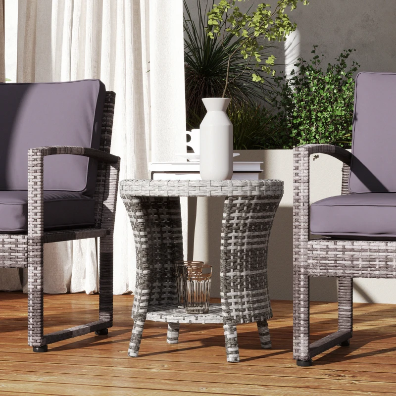 Outsunny 18" Wicker Outdoor Coffee Table, PE Rattan Patio Side Table with 2-Tier Storage, Composite Wood Top, Mixed Gray