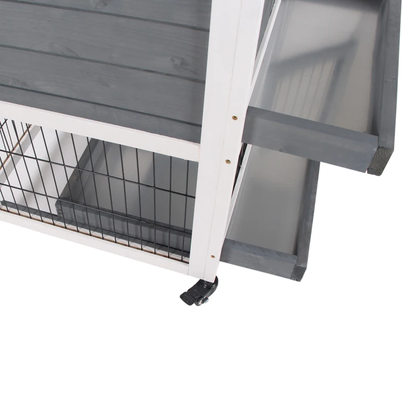 PawHut Wooden Rabbit Hutch, Indoor Bunny Cage with Wheels, Pull Out Trays, Run, Grey