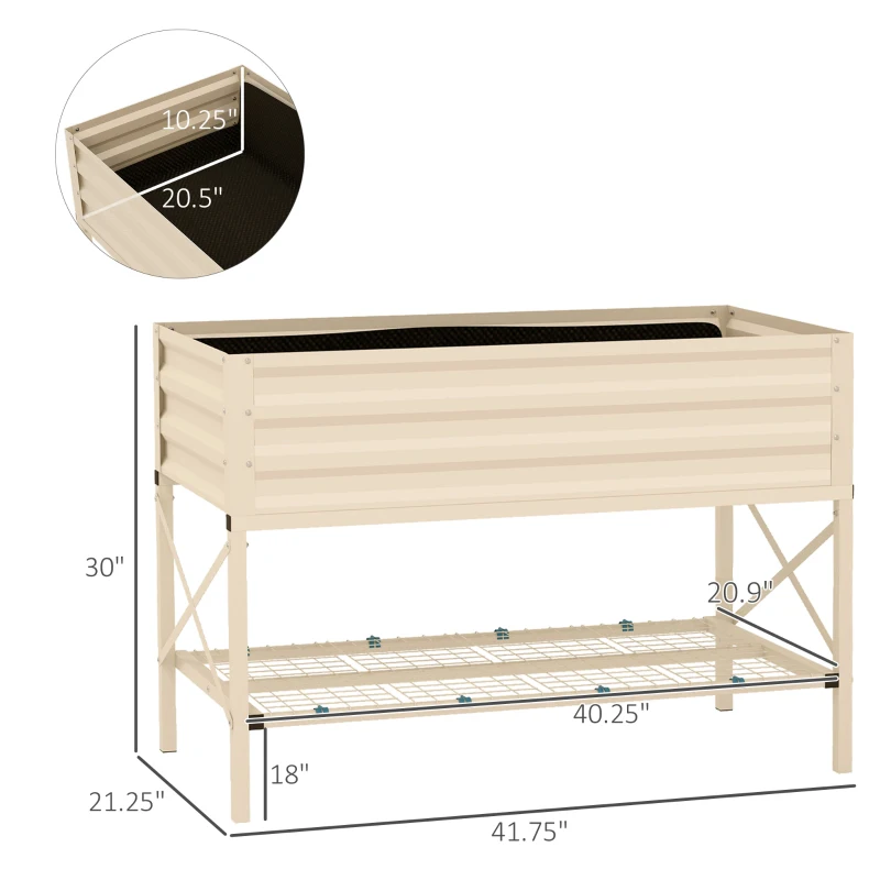 Outsunny Galvanized Raised Garden Bed, Metal Planter Box with Legs, Storage Shelf and Bed Liner, Cream