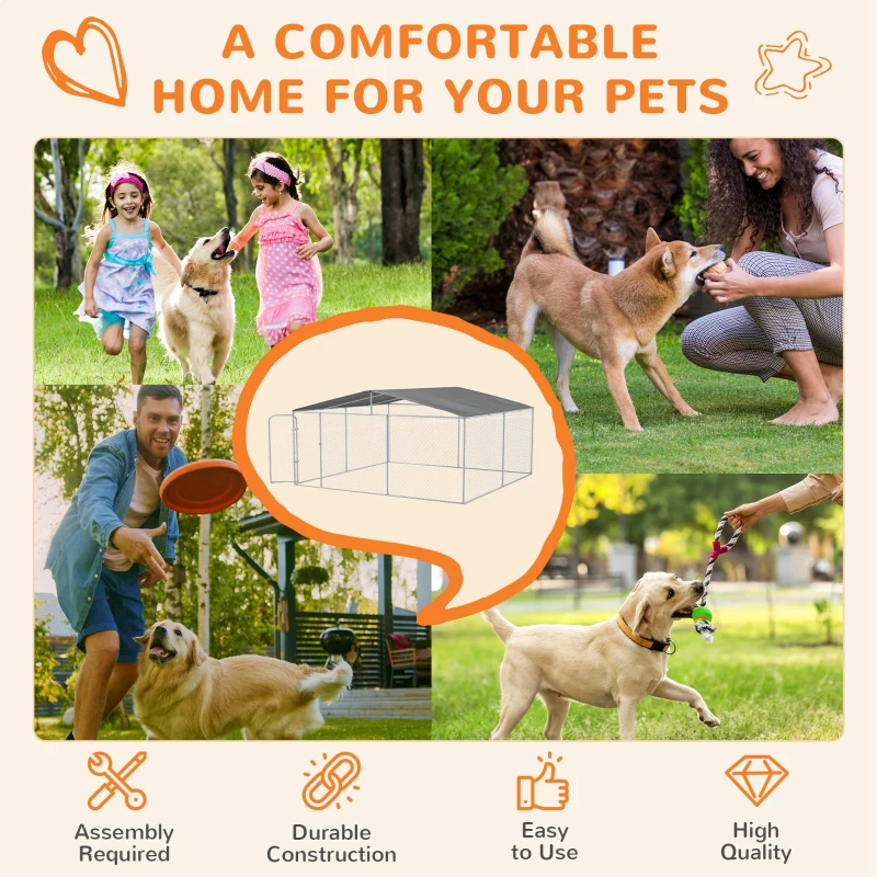 PawHut Dog Kennel Outdoor, Heavy Duty Playpen with Secure Lock, Cover, for Backyard & Patio, 15.1' x 15.1' x 7.5'