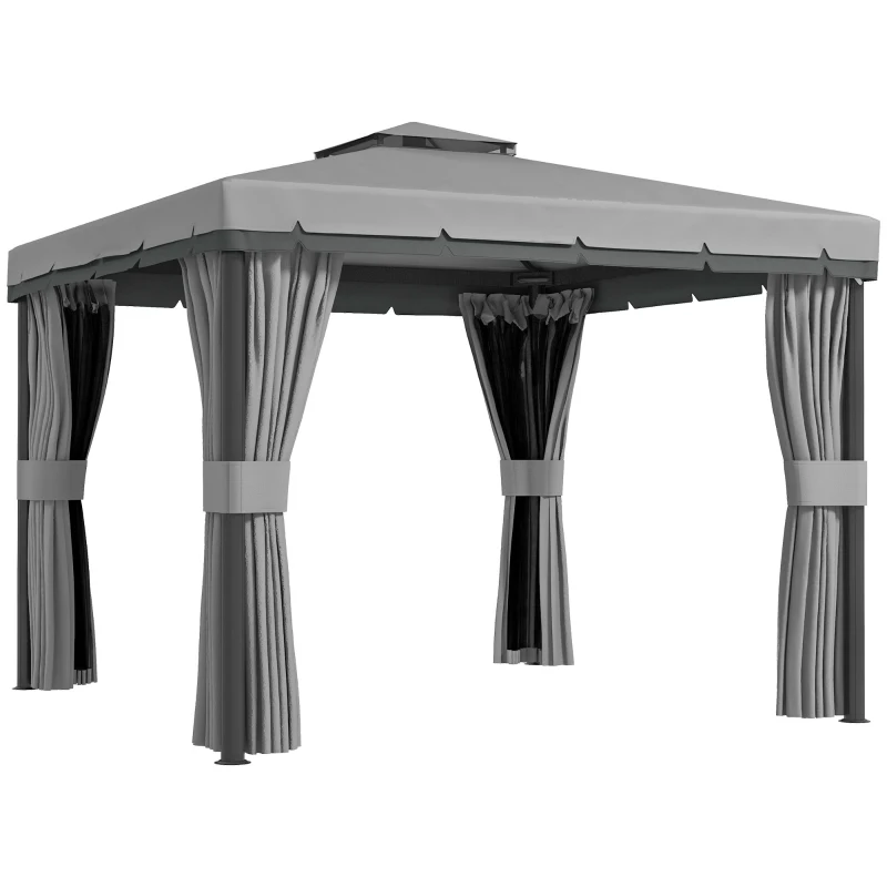 Outsunny 10' x 10' 2-Tier Outdoor Gazebo Canopy Tent with Zippered Mesh Sidewalls, Aluminum Frame for Patio, Backyard Light Grey