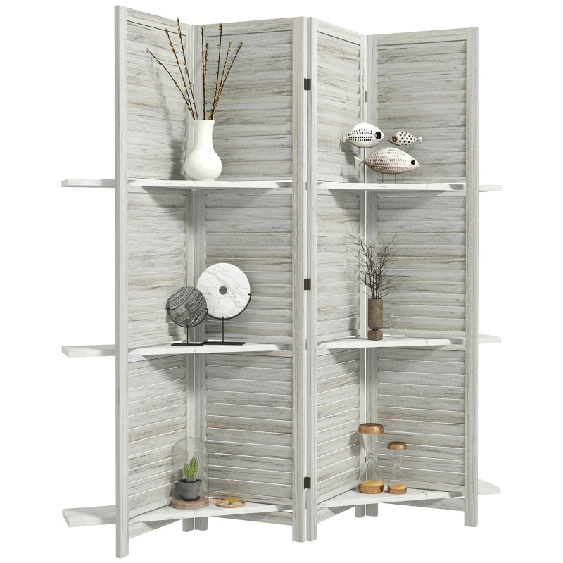 HOMCOM 4-Panel Wall Partition Room Separator with 3 Storage Shelves Foldable Design Wooden Frame 5.6FT Distressed White