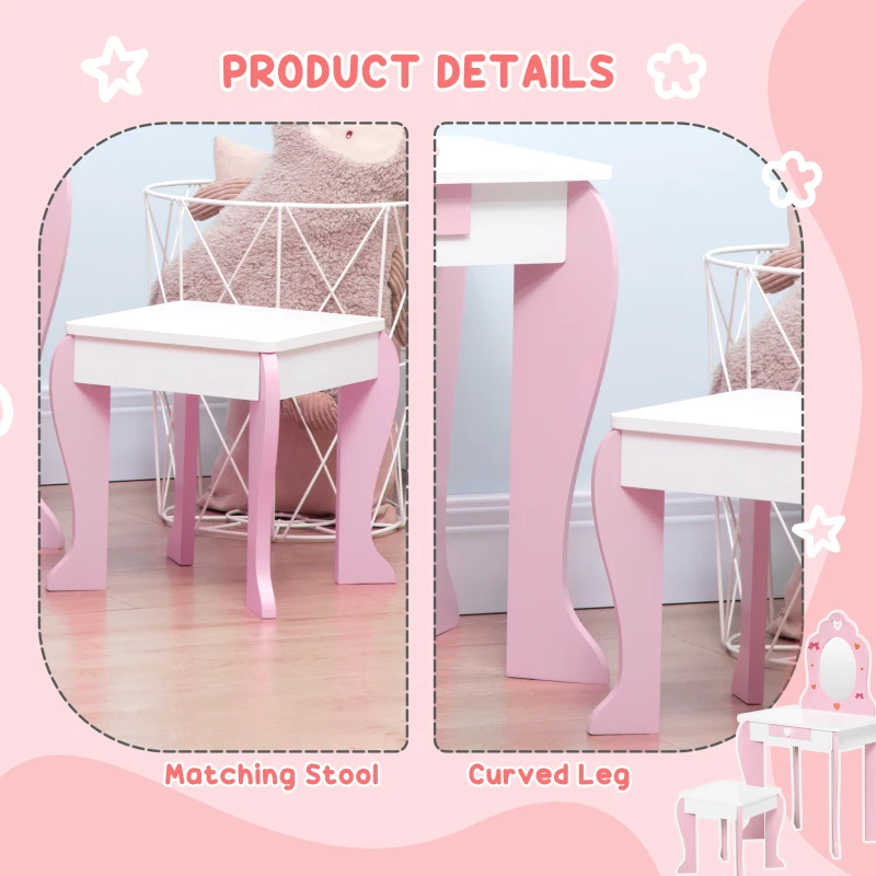Qaba Kids Vanity Table & Chair Set Girls Dressing Set with Mirror Drawer Cute Patterns for 3-6 Years Old, Pink
