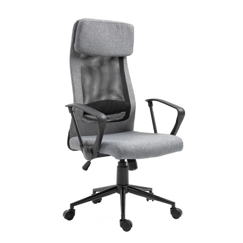 Vinsetto Mesh High-Back Office Chair Linen Ergonomic Home Office Executive Chair, Rocking Swivel Desk Seat with Lumbar Support, Headrest, Armrest