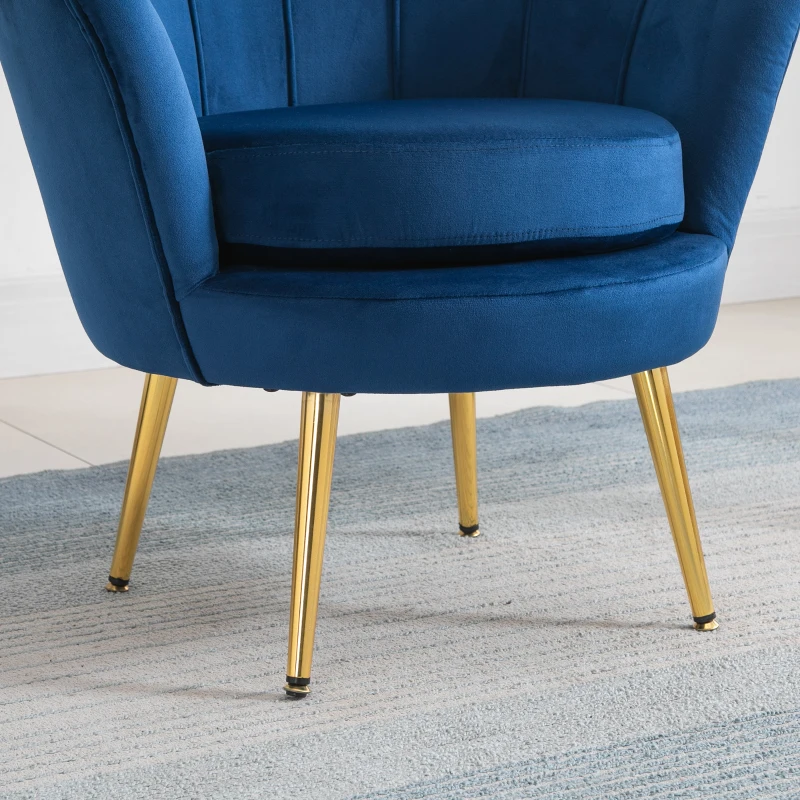 HOMCOM Velvet Armchair, Modern Accent Chair with Gold Metal Legs, Comfy Upholstered Barrel Chair for Living Room Bedroom Vanity Room, Blue