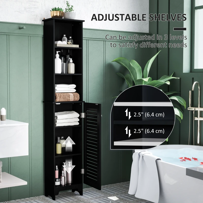 HOMCOM Tall Bathroom Storage Cabinet, Freestanding Linen Tower with 3-Tier Open Adjustable Shelf, Black