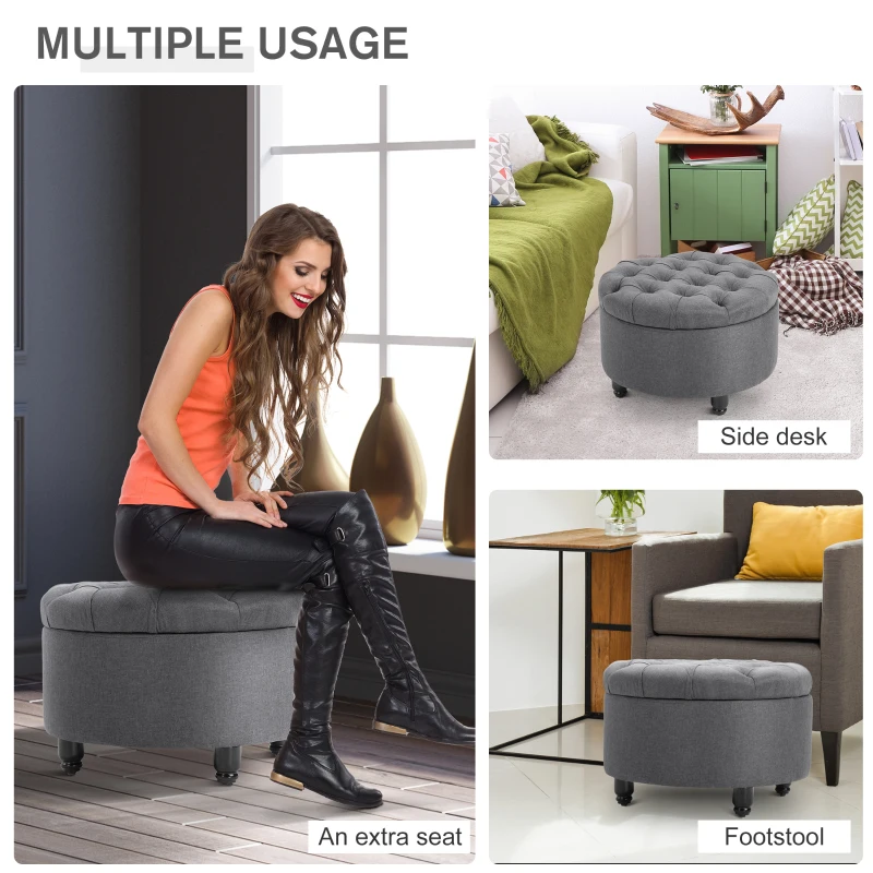 HOMCOM Round Linen-touch Fabric Storage Footstool Ottoman Button Tufted Footrest with Removable Lid, Grey