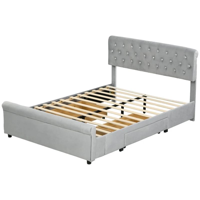 HOMCOM Full Bed Frame with Headboard, Double Bed Frame with 2 Drawers, No Box Spring Needed, Easy Assembly, Light Grey