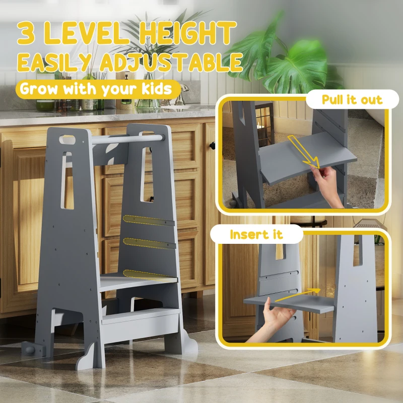 Qaba Height Adjustable Toddler Tower w/ Safety Rail, Handlbar, for Bathroom, Kitchen, Gray