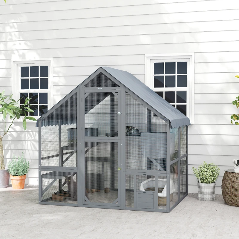 PawHut Wooden Catio Outdoor Cat Enclosure with Waterproof Cover, 2 Condos, 4 Platforms, Bridge, Doors, Gray