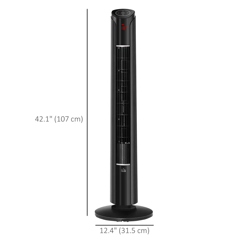HOMCOM Freestanding Tower Fan Cooling for Home Bedroom with 3 Speed, 12h Timer, Oscillating, Tilt, LED Panel, Remote Controller, Black