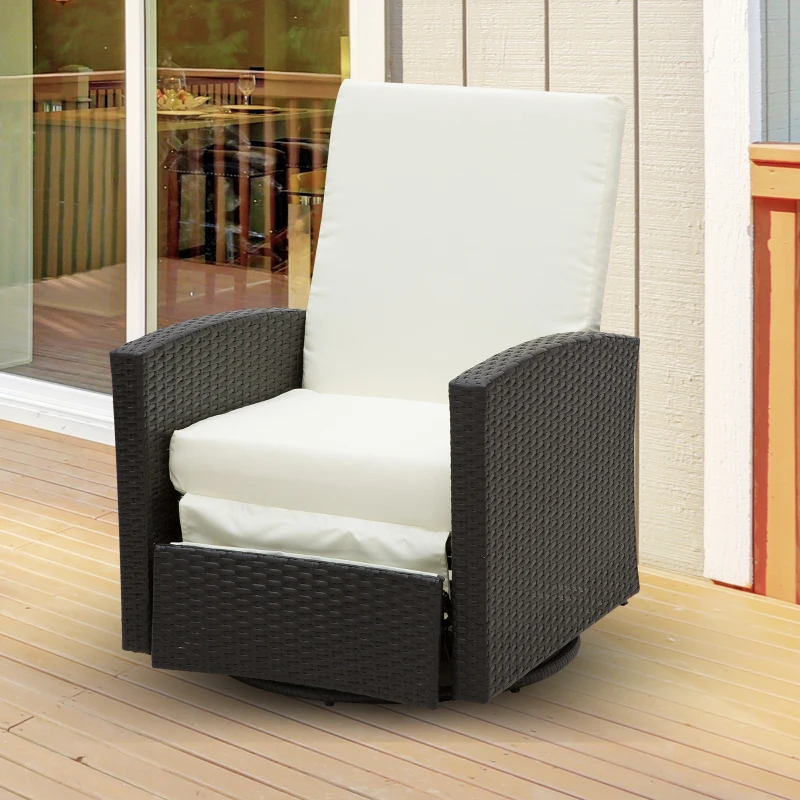 Outsunny Outdoor Wicker Swivel Recliner Chair, Reclining Backrest, Lifting Footrest, 360° Rotating Basic, Water Resistant Cushions for Patio, Cream White