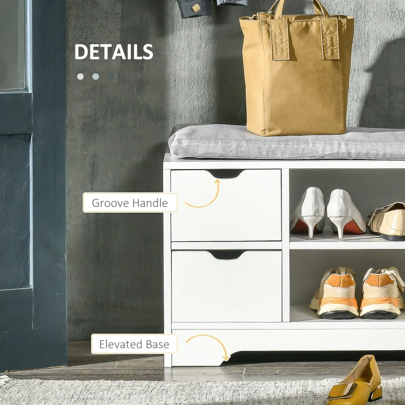 HOMCOM Upholstered Shoe Storage Bench w/ Seat, Entrance Bench w/ Drawer Open Shelves and Pocket for Hallway, White