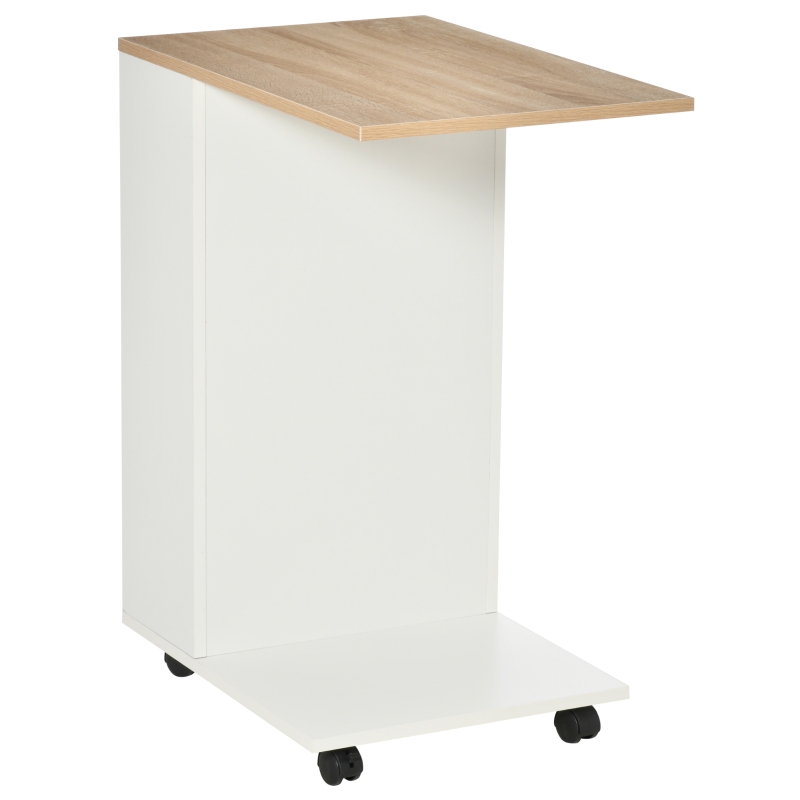 HOMCOM C-Shaped Sofa Side Table Mobile End Table with Storage and Wheels for Living Room,Office, White