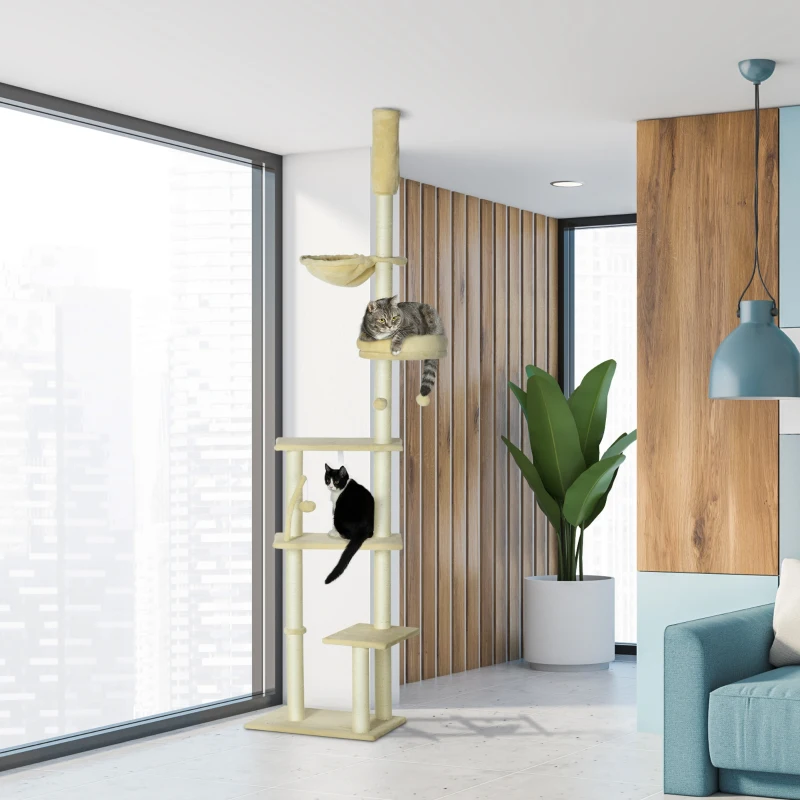 PawHut Floor to Ceiling Cat Tree, Cat Climbing Tower with Platforms, Bed, Hammock, Scratching Posts, Toy Balls, Beige