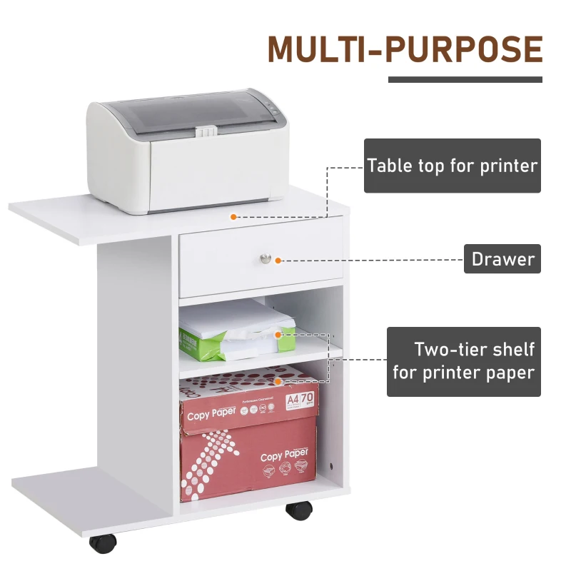 Vinsetto Printer Stand Desk Side File Cabinet, Rolling Cart with Wheels, Adjustable Shelf, Drawer, CPU Stand, White